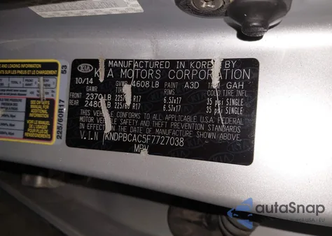 2015 Kia Sportage Lx z USA, uszkodzony, nr VIN KNDPBCAC5F7727038